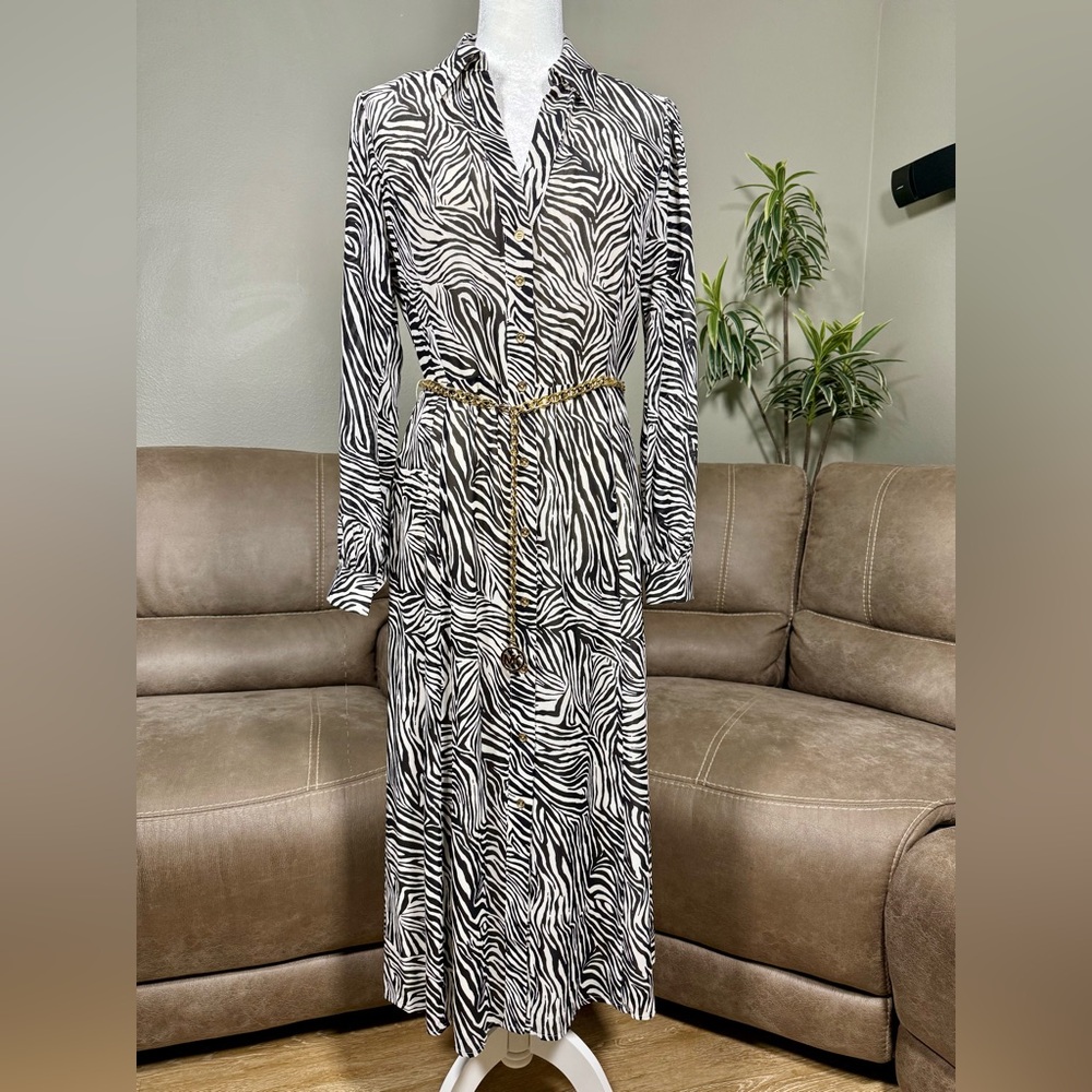 NWT Michael Kors MK Black White Zebra Print Button Up Dress Sz M